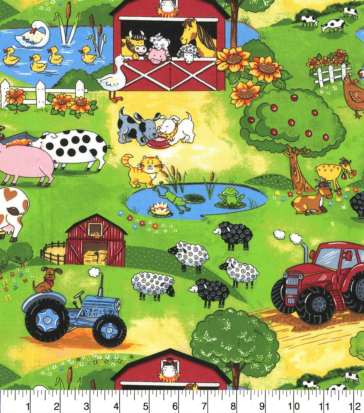 Farm Scene on Green- Fabric - 100% Cotton - By the Yard - Fat Quarters -