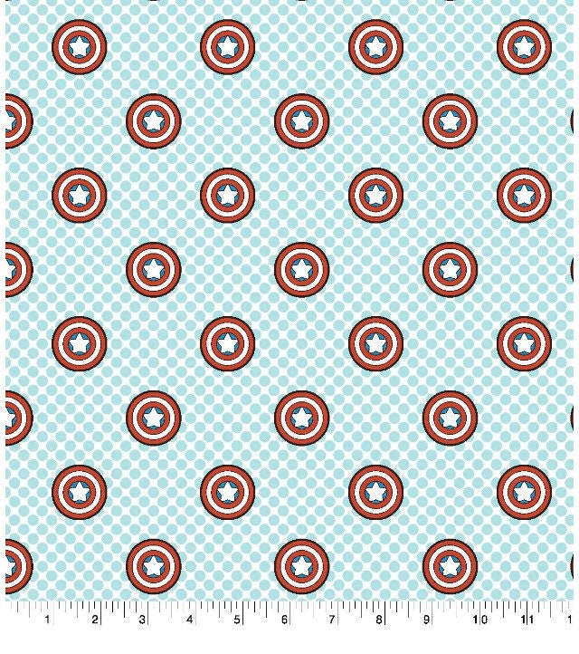 Captain America shields on lighter blue - Cotton Fabric-100% Cotton Fabric- Continuous cuts by the 1/2 yard increment