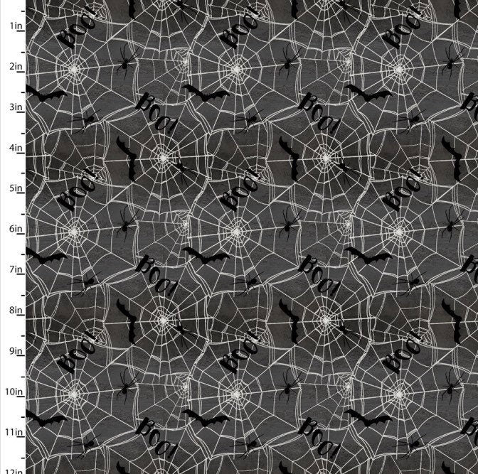 Webs spiders bats Fabric-100% Cotton - 3W-Spooky Night 18112 Charcoal - Webs