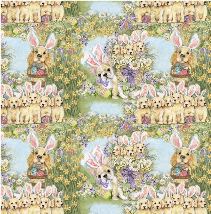 Dog bunnies all over fabric- Susan Winget 100% Cotton Continuous Cuts