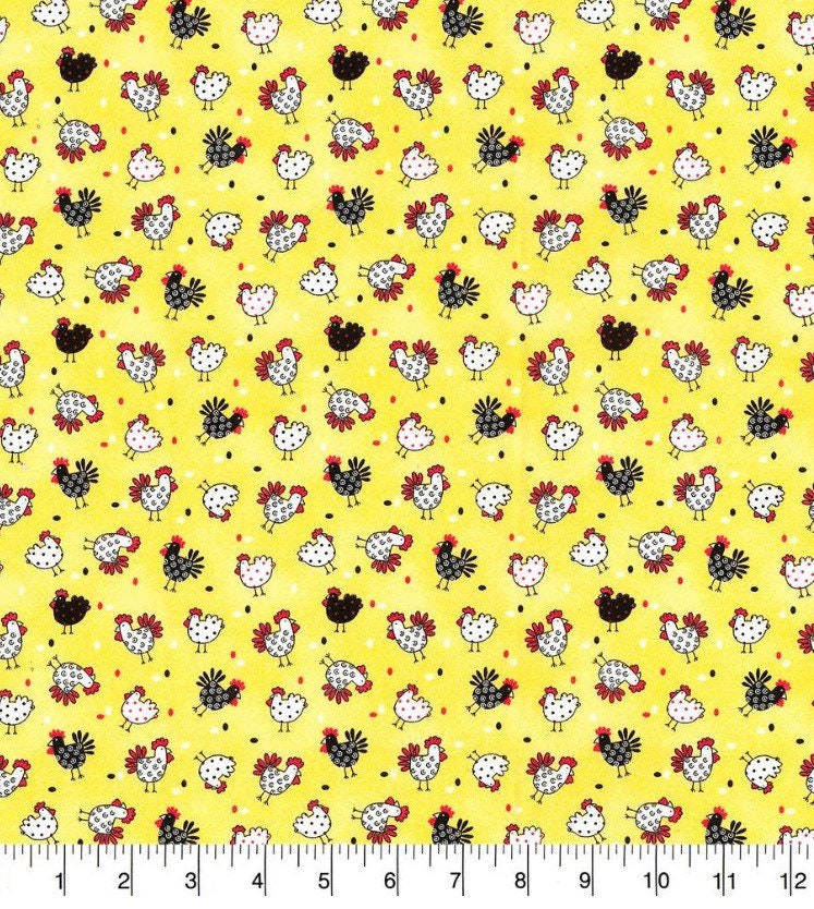 Patterned Chickens on yellow - Fabric - 100% Cotton