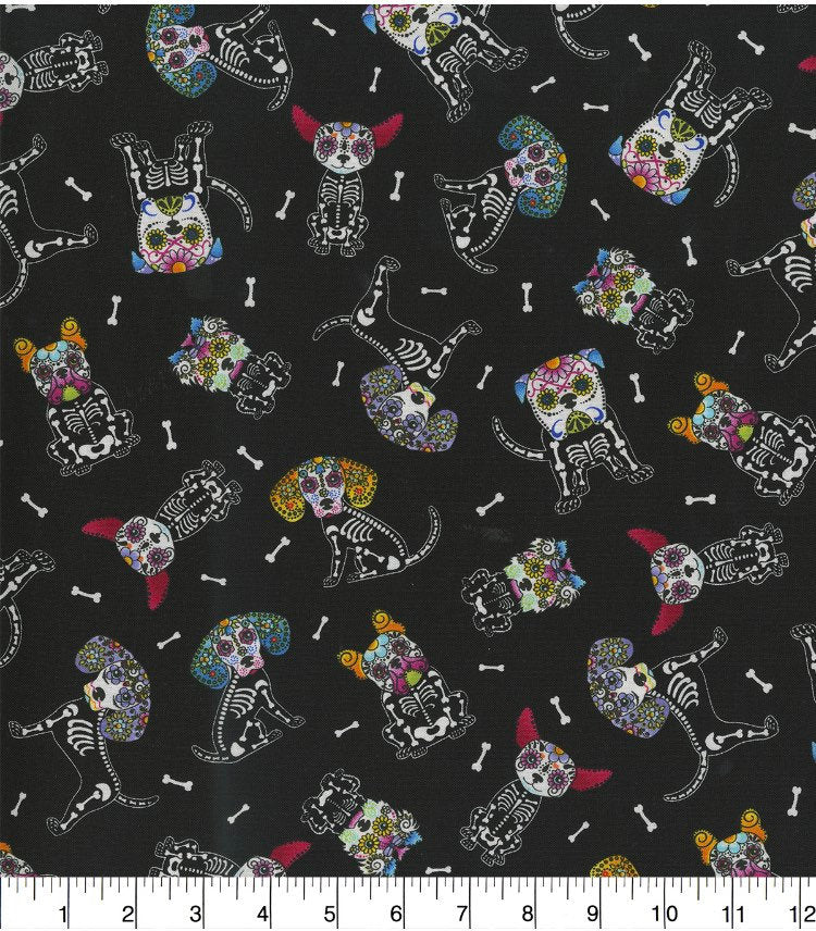 Dog Sugar Skulls- Fabric-100% Cotton - Continuous Cuts