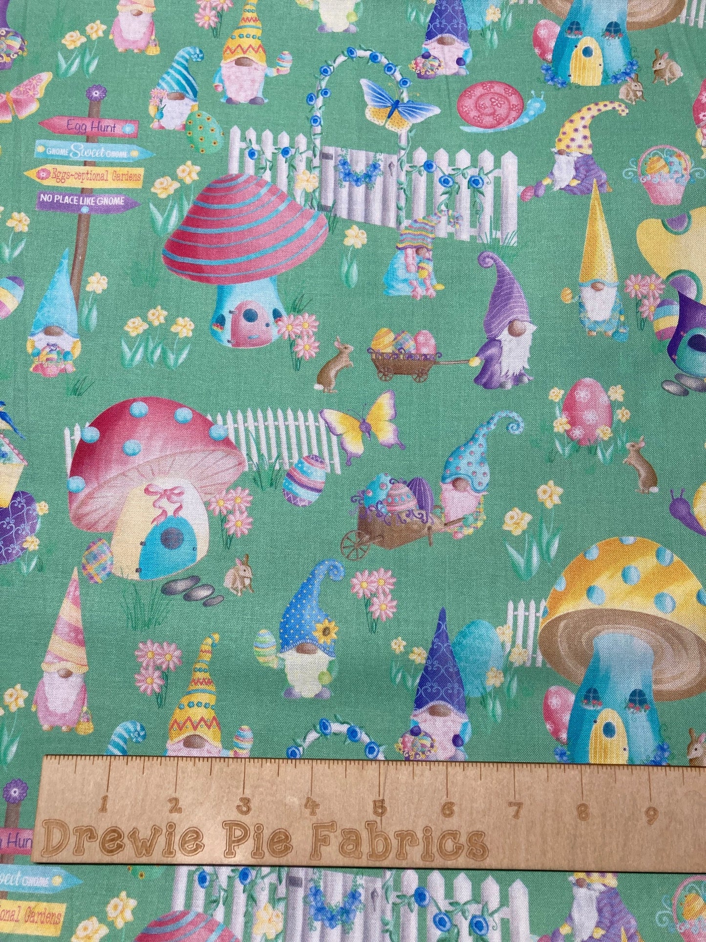 Spring Garden Gnomes Easter cotton fabric- 100% Cotton Continuous Cuts Spring Garden Party Green