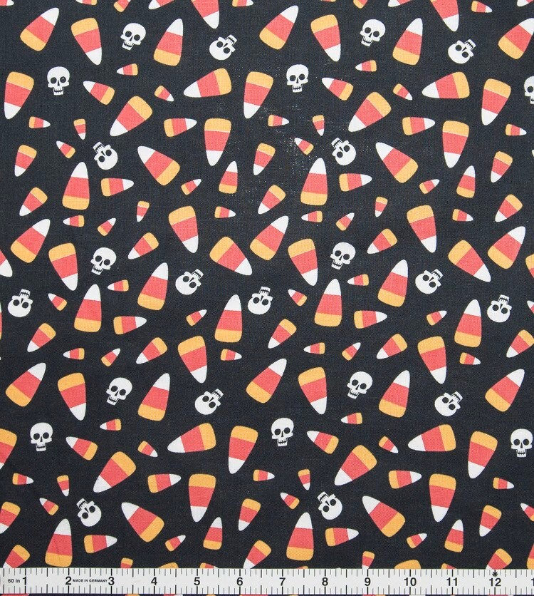 Skeletons and candy corn Halloween Cotton Fabric- continuous cuts.