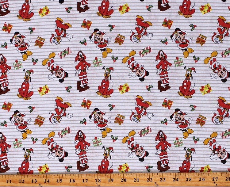 Mickey and Friends Christmas Stripes cotton fabric 100% Cotton - continuous cuts Licensed fabric