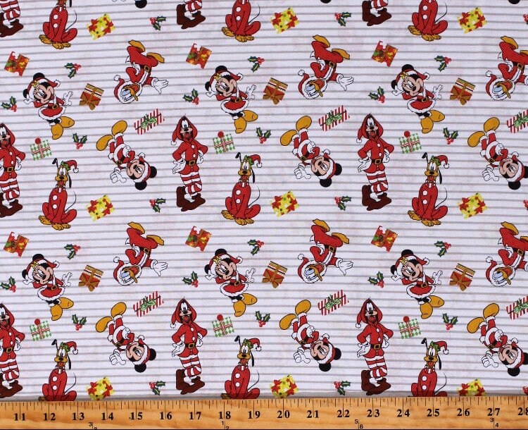 Mickey and Friends Christmas Stripes cotton fabric 100% Cotton - continuous cuts Licensed fabric