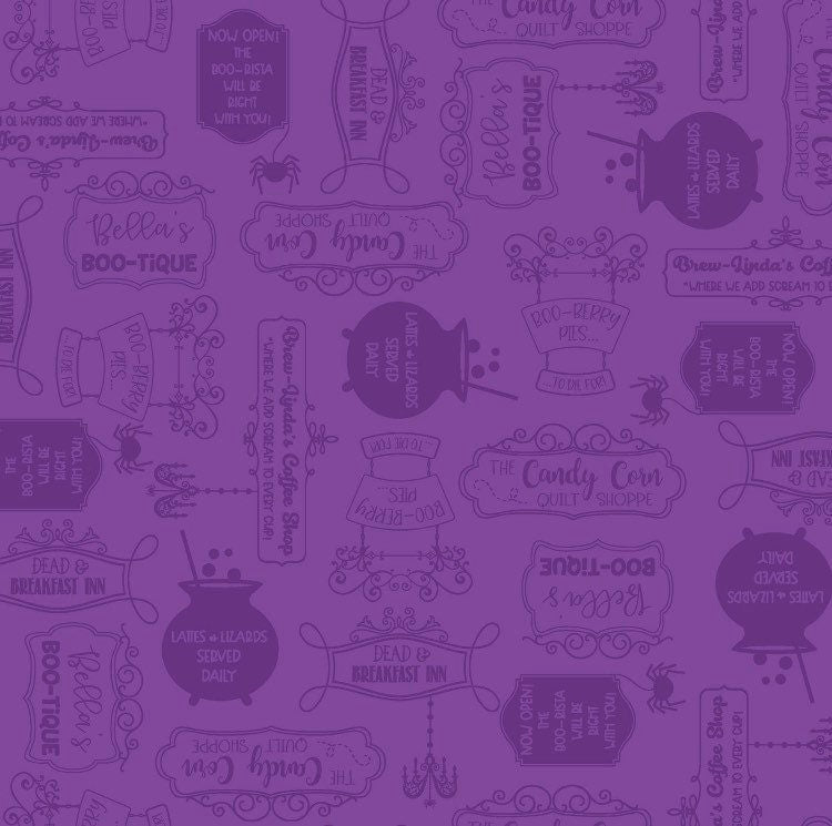 Halloween Shop Signs on Purple - Kimberbell - Maywood Studios - Cotton Halloween Fabric MAS9924-V-CT1132192
