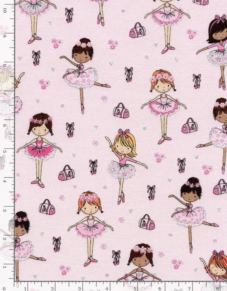 Pretty glitter Accent Ballerinas on pink Cotton Fabric- Timeless Treasures - Dancers Ballerina