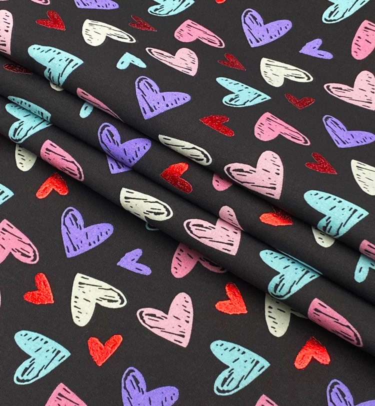 Foil Tossed hearts on black- 100% Cotton- continuous cuts