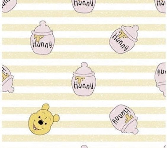 Winnie the Pooh Bear Fabric - 100% Cotton - faces and Honey Pots on stripes
