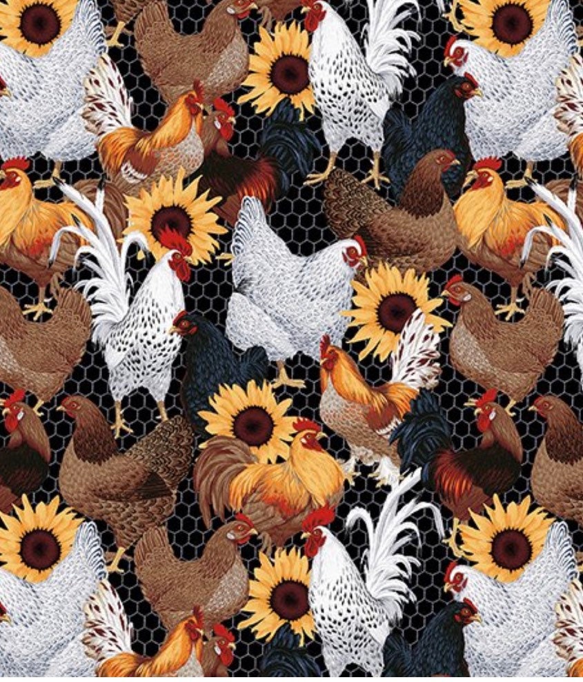 Chicken Sunflower Toss on Black Cotton Fabric - 100% Cotton - By the Yard - Fat Quarters -