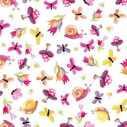 Susy Bee Sloane the Snail Cotton Fabric White continuous cuts- 100% Cotton