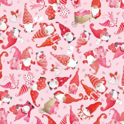 Valentine Gnomes Cotton Fabric- 100% Cotton - Continuous Cuts -Sweet Gnomes Light Pink - KAS14085-01