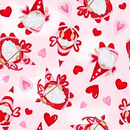 Henry Glass Gnomie Love Valentine Gnomes Cotton Fabric- 100% Cotton - Continuous Cuts - Tossed Cupid Gnomes