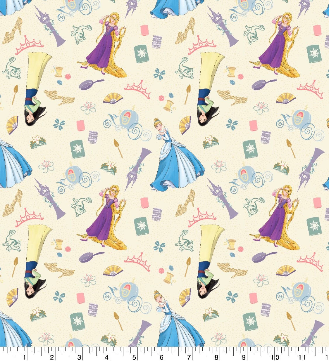 Disney Princesses with Icons Cotton fabric- 100% Cotton -continuous cuts Licensed Fabric