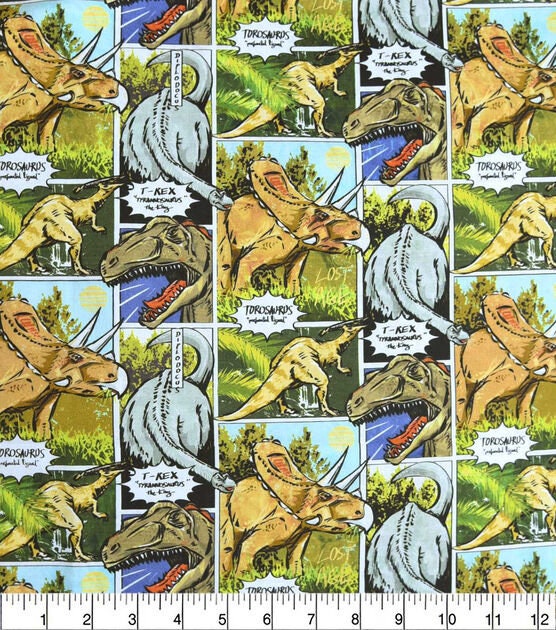 Dinosaur Comic Novelty Cotton Fabric - Collage 100% Cotton - Continuous cuts - by the 1/2 yard
