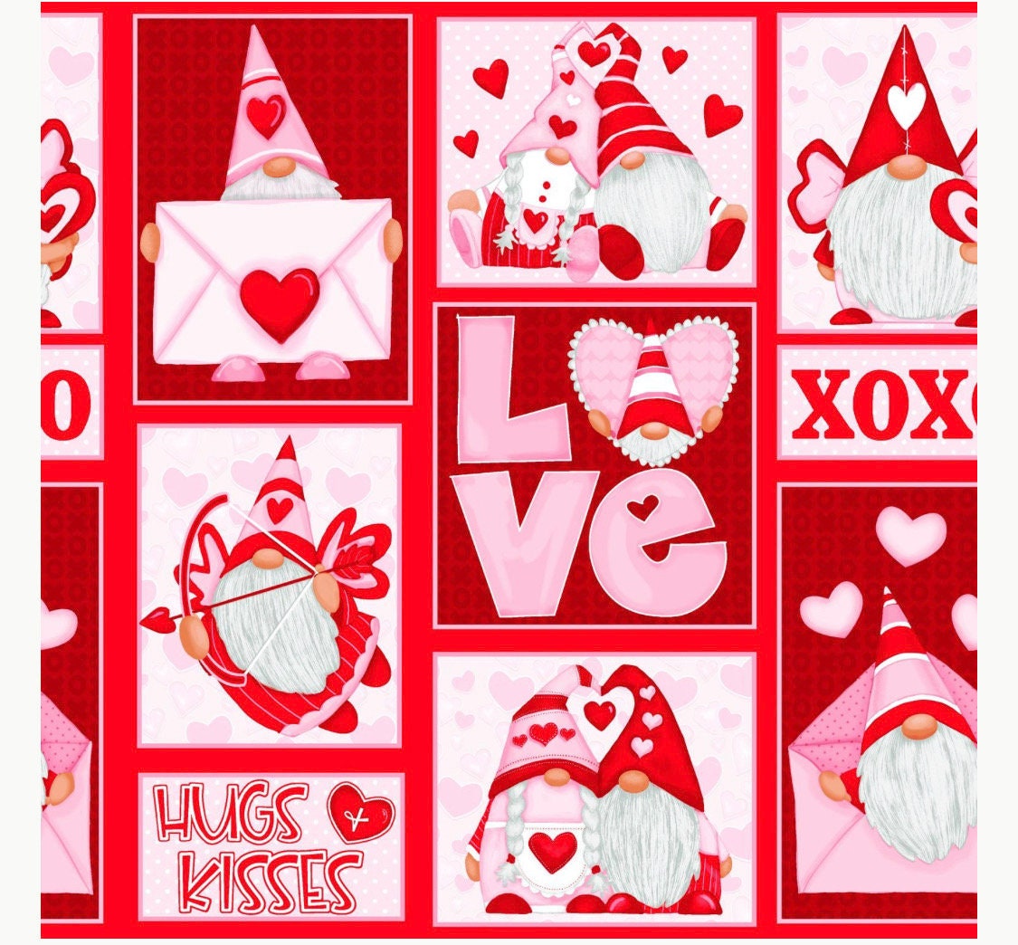 Henry Glass Gnomie Love Patchwork Valentine Gnomes Cotton Fabric- 100% Cotton - Continuous Cuts - Hugging Gnomes