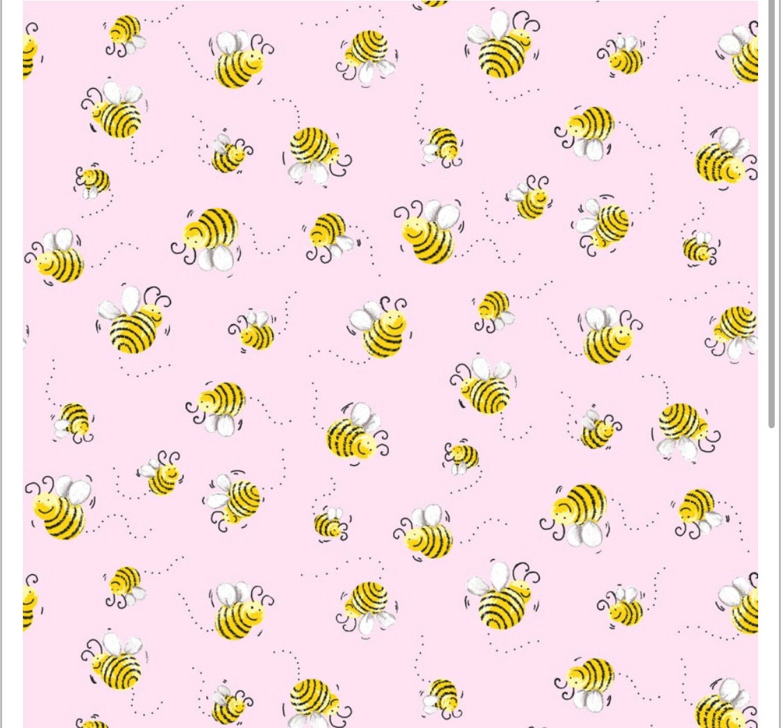 SusyBee Sweet Bees light Pink cotton fabric- Continuous cuts- 100% Cotton
