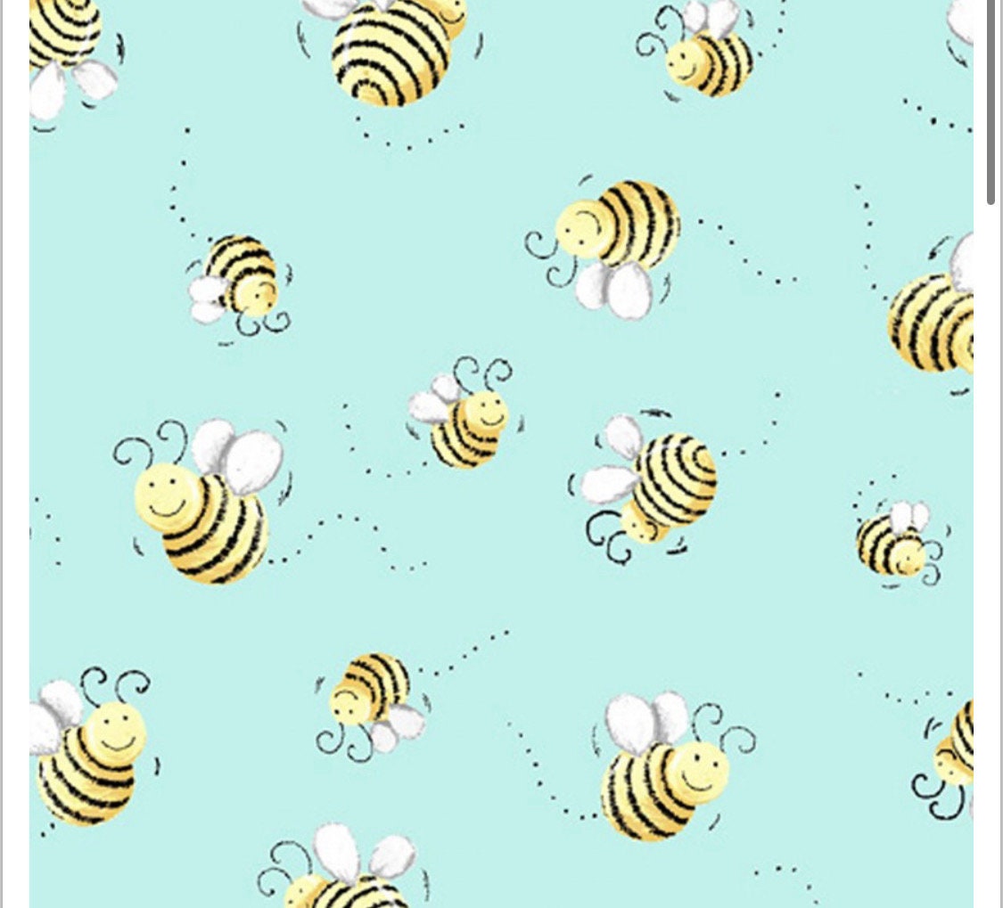 SusyBee Sweet Bees light Aqua Blue cotton fabric Continuous cuts- 100% Cotton