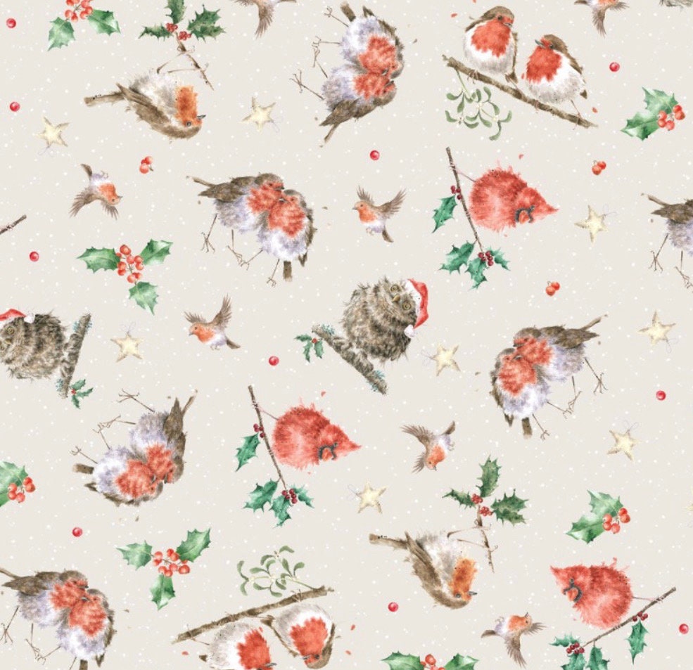 Feathered Friends Christmas Fabric - 100% Cotton - Fabric- continuous cuts MASD10374-E
