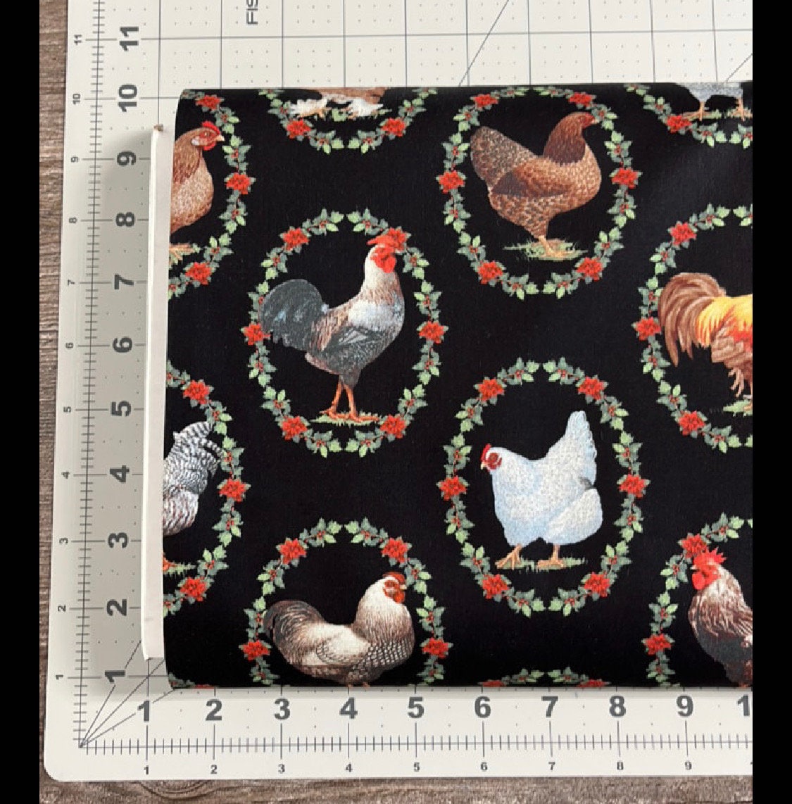 Christmas Roosters on Black Cotton Fabric - 100% Cotton-Freckle & Lollie - Tidings and Joy by Mai Designs