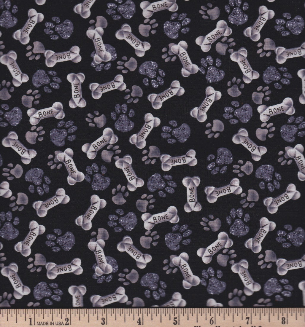 Tossed Paws & Bones on Charcoal Cotton fabric - 100% Cotton - Continuous Cuts - Fabric Traditions