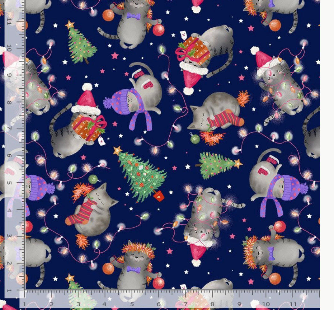 Christmas Holiday Cats on Navy- Cotton Fabric - Fat Quarters,- 100% Cotton-by the 1/2 yard - Timeless Treasures
