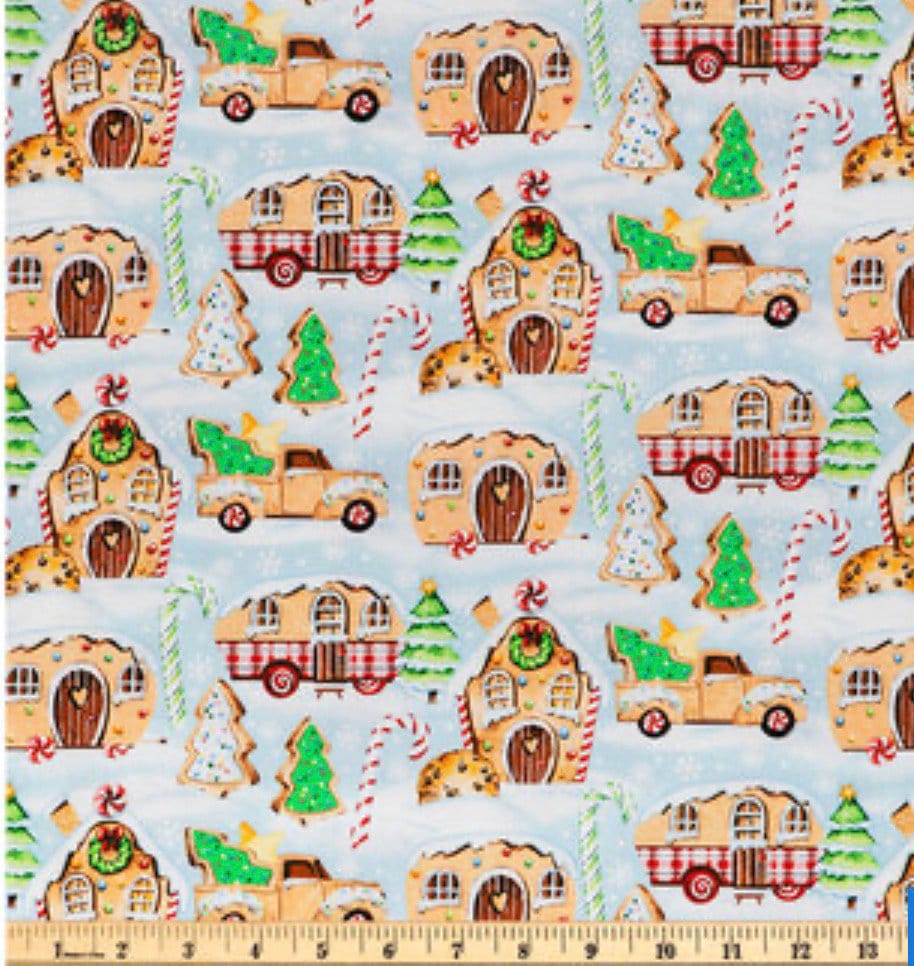 Gingerbread Trucks cotton fabric- 100% Cotton - continuous cuts