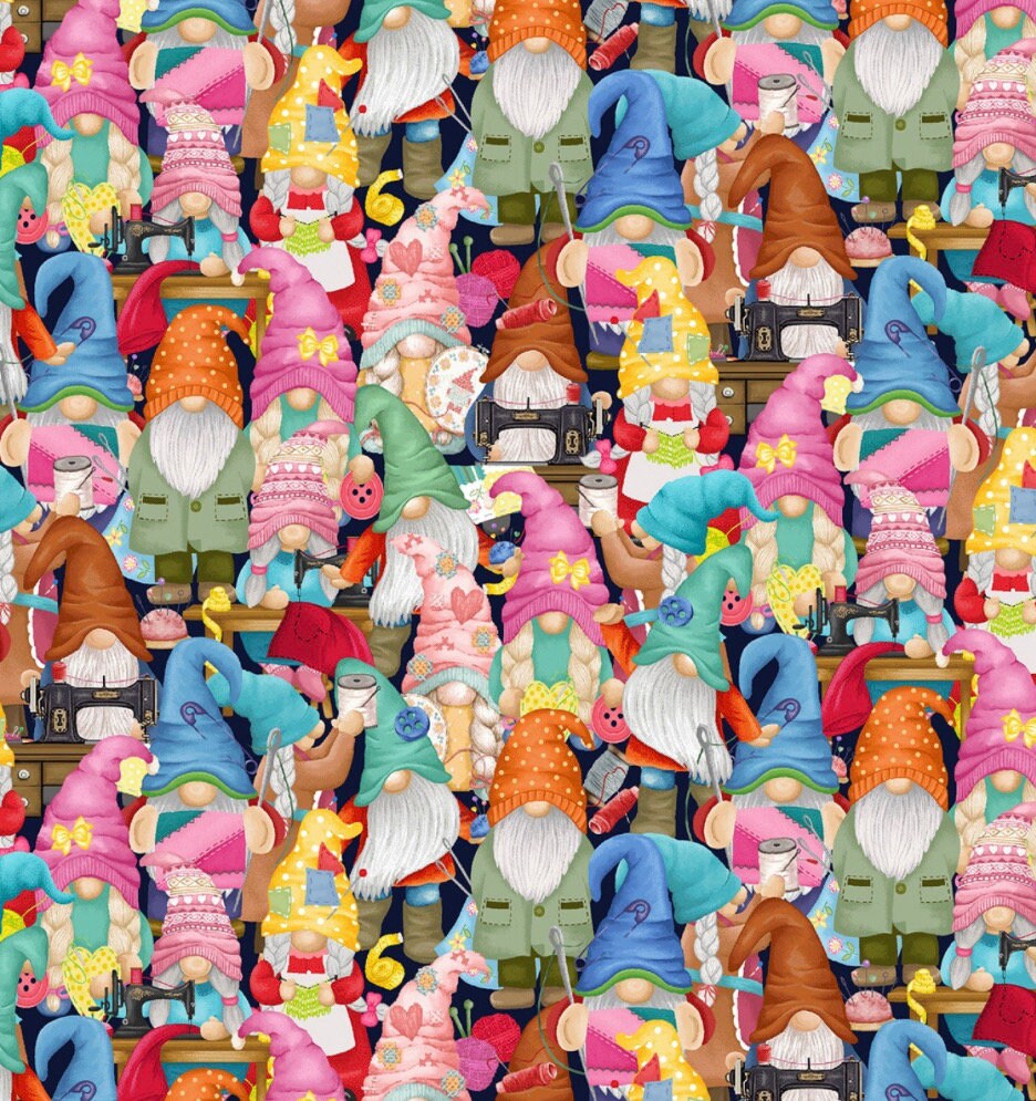 Packed Sewing Gnomes Cotton Fabric 100% Cotton - Crafty Gnomes - Sewing -