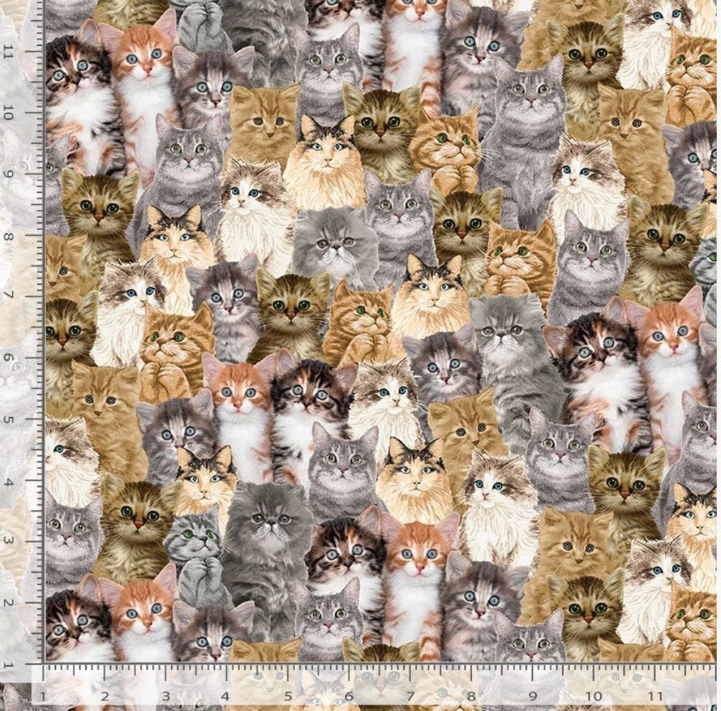 Realistic Natural Packed Cats Cotton fabric- by the 1/2 yard- Fat Quarters - 100% Cotton - Fabric - Continuous cuts