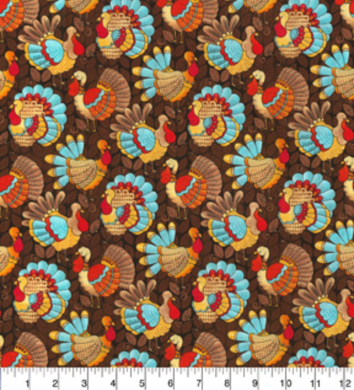 Fall Teal Turkeys on Brown Cotton fabric - thanksgiving- fall- autumn 100% Cotton -