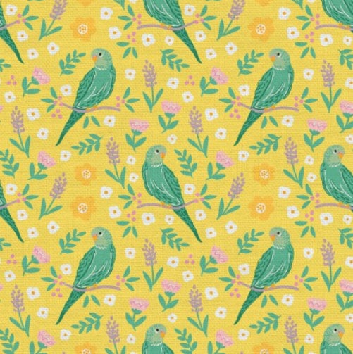 Birds and Blooms Budgies Yellow Cotton Fabric 100% Cotton - Fabric Material - PSF120-21577