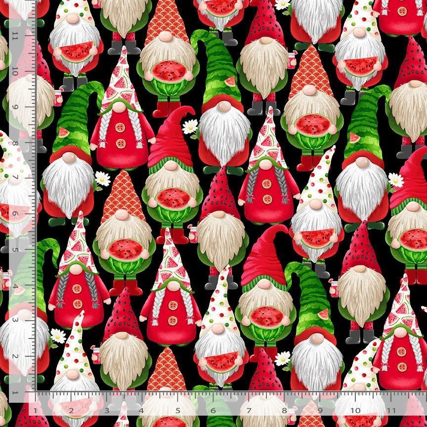 Watermelon Gnomes Cotton Fabric -fabric 100% Cotton - Timeless Treasures TT-Fun CD1919 Black