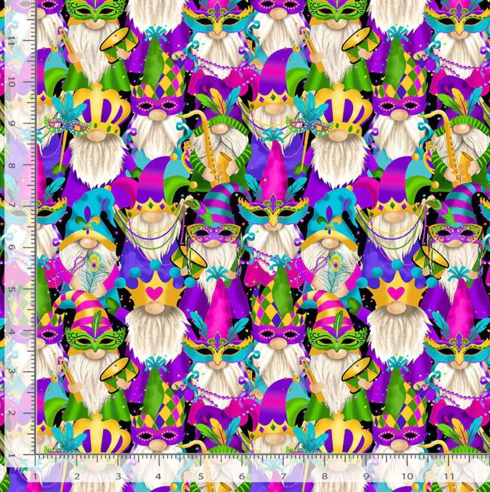 End of Bolt - Mardigras Gnomes Cotton Fabric - 100% Cotton - Timeless Treasures TT-Fun CD1919 Black