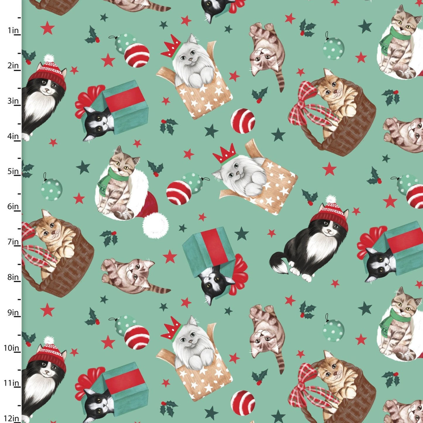 Santa Paws Christmas Fabric - Fat Quarters- 100% Cotton -3 Wishes Fabrics - 3W-Santa Paws 20754 Green - Purrfect Package
