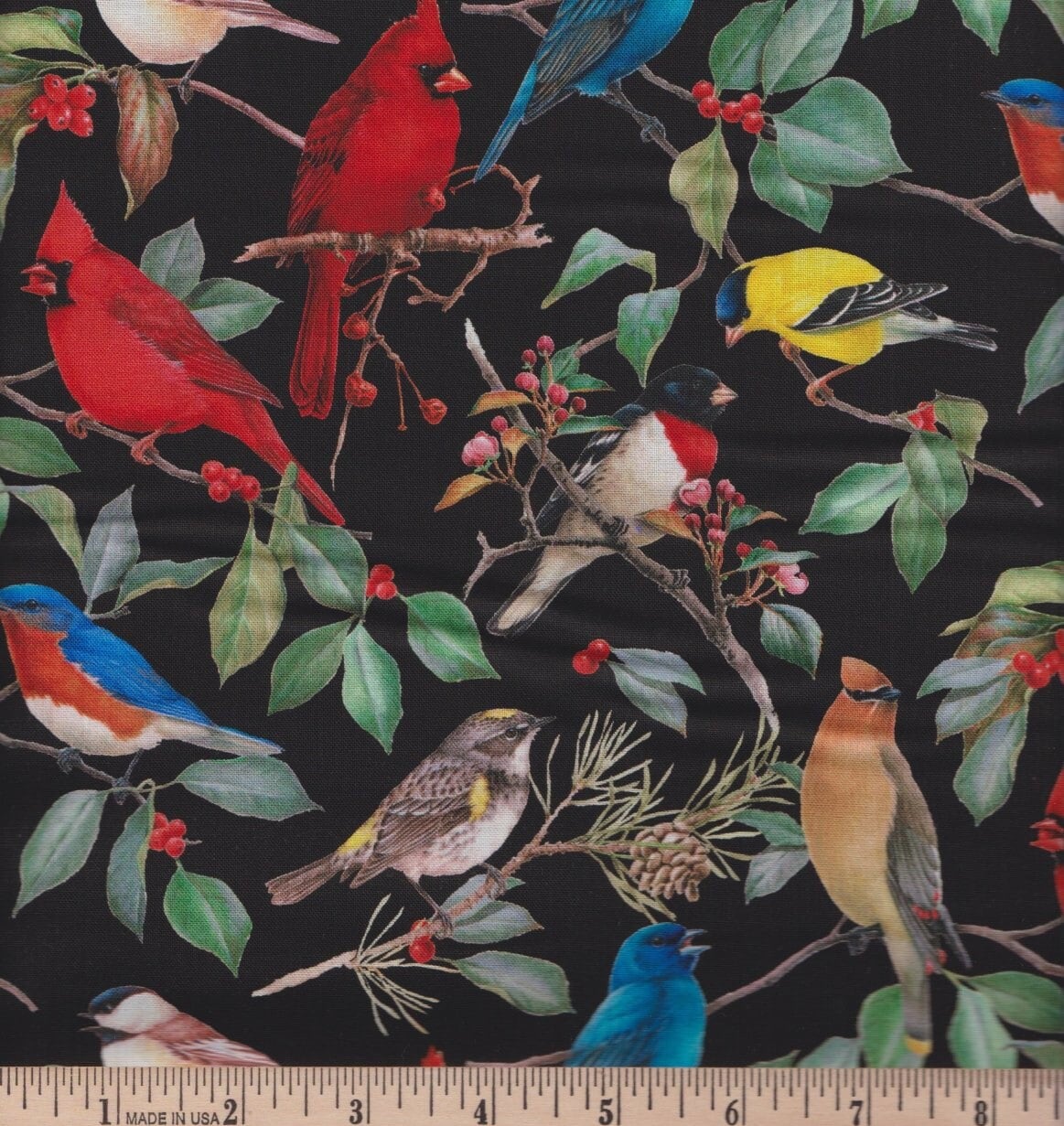Birds and Hollies Christmas Fabric -100% Cotton - continuous cuts WW-3114-2 Black/Multi - Birds & Hollies
