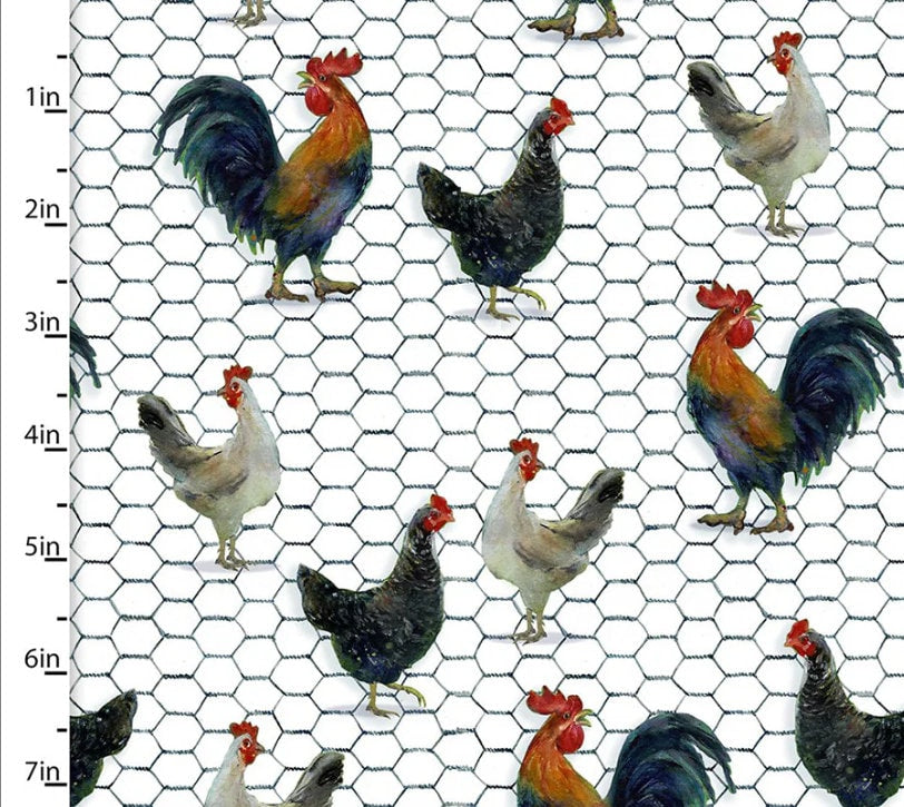 Country Living White Chicken Dance on Chicken Wire Cotton Fabric - 100% Cotton - continuous cuts