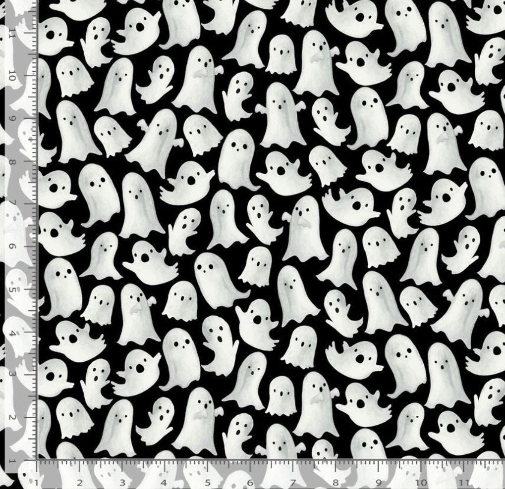 Timeless treasures cotton Halloween fabric- Fabric- Fat Quarters - By the Yard - 1/4 yd, 1/2 yd -100% Cotton -TT-Boo CD2931 Black - Ghost