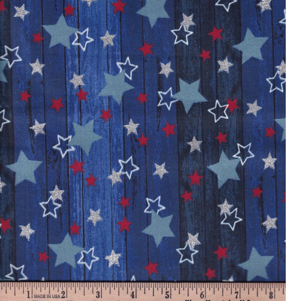 Blue Plank with Stars Glitter Accent fabric 100% Cotton - America