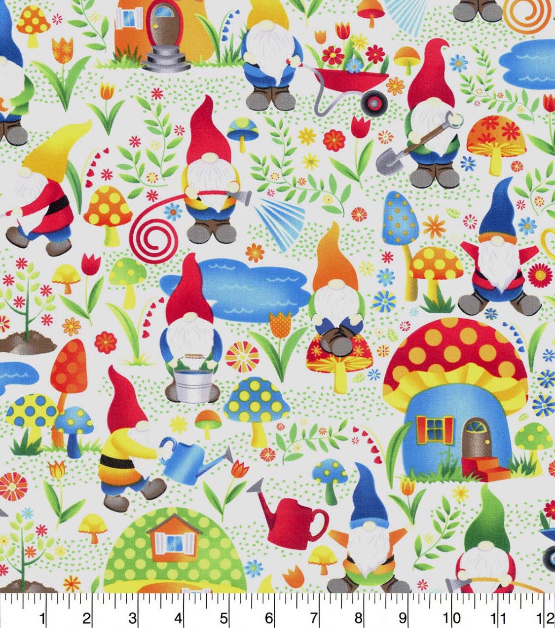 Gnome Mushroom Village Cotton Fabric- Fat Quarters and continuous cuts - 100% Cotton -