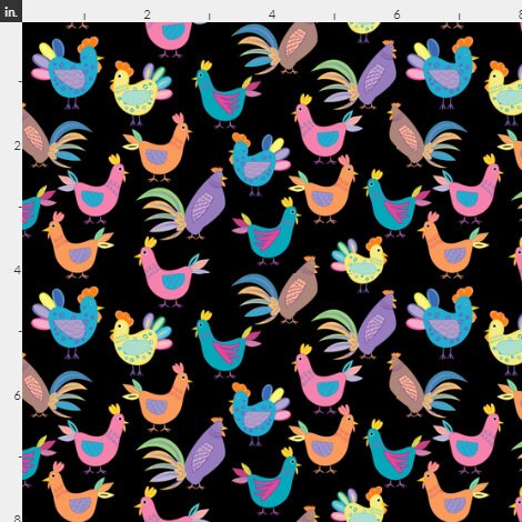 Patterned Chicken Fabric - Hens and Chicks on Black- 100% Cotton -
