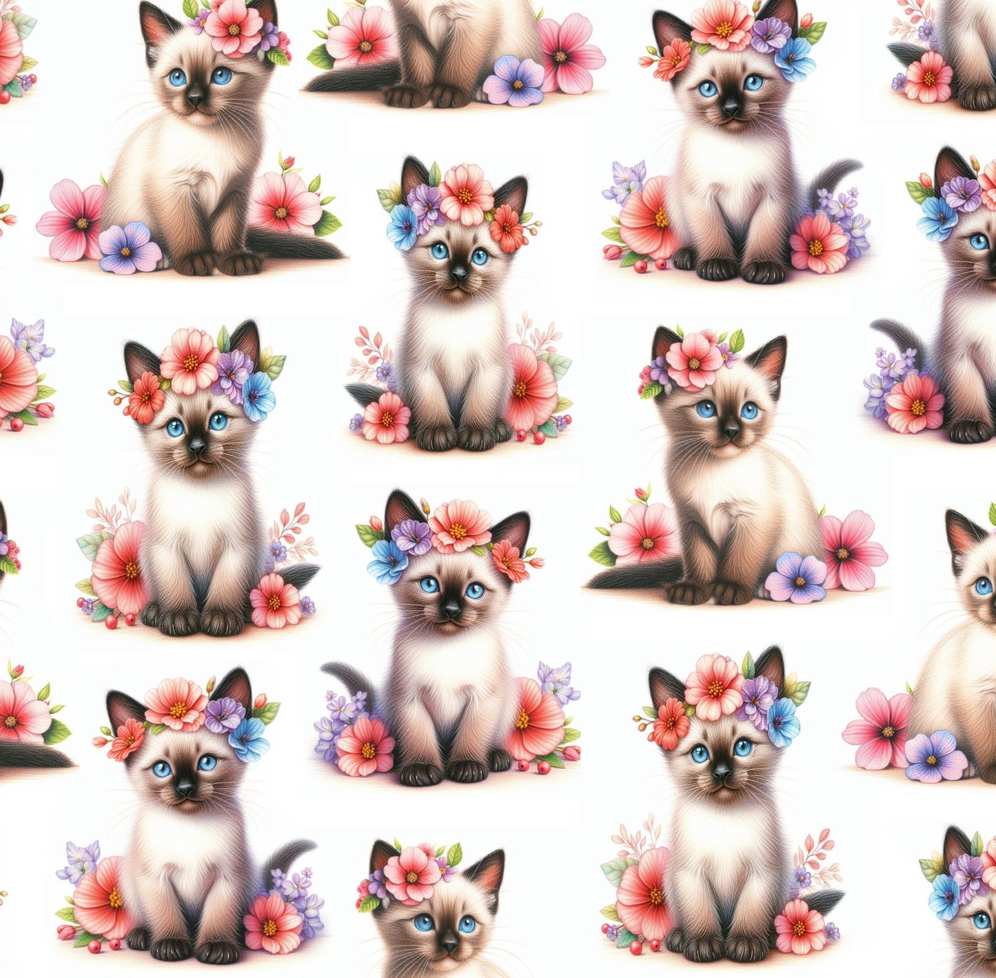 Floral Siamese Kitty Cotton Fabric- Fat Quarter - 100% Cotton - Fabric - Cat Fabric