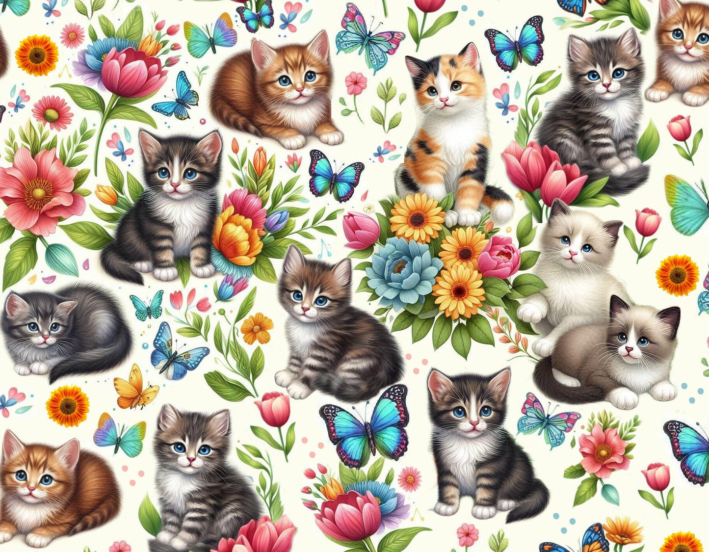 Kitties and Butterflies Cotton Fabric- 100% Cotton - Fabric - Cat Fabric