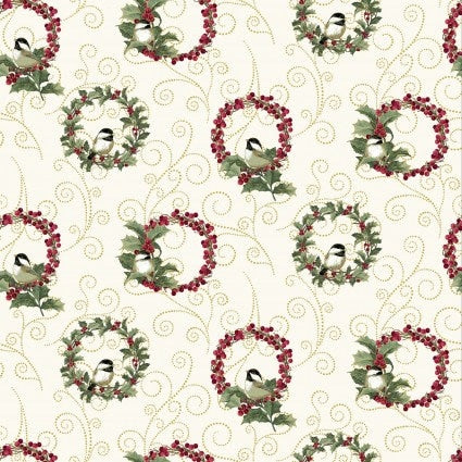 A Festive Medley Designer: Jackie Robinson Chickadee Wreaths - Metallic- 100% Cotton - Fabric- continuous cuts