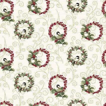 A Festive Medley Designer: Jackie Robinson Chickadee Wreaths - Metallic- 100% Cotton - Fabric- continuous cuts