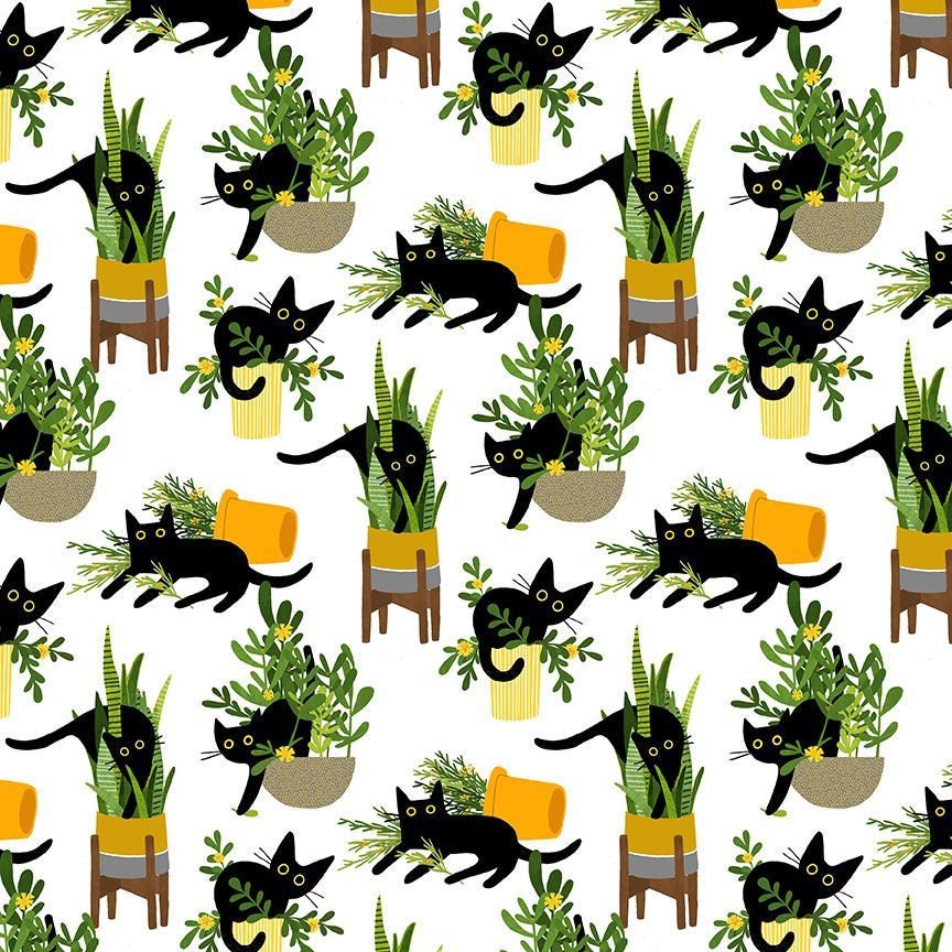 Just Purrlanted Cotton Fabric by the 1/2 yard- Fat Quarters - 100% Cotton - Fabric - continuous cuts Stella-DLW2662