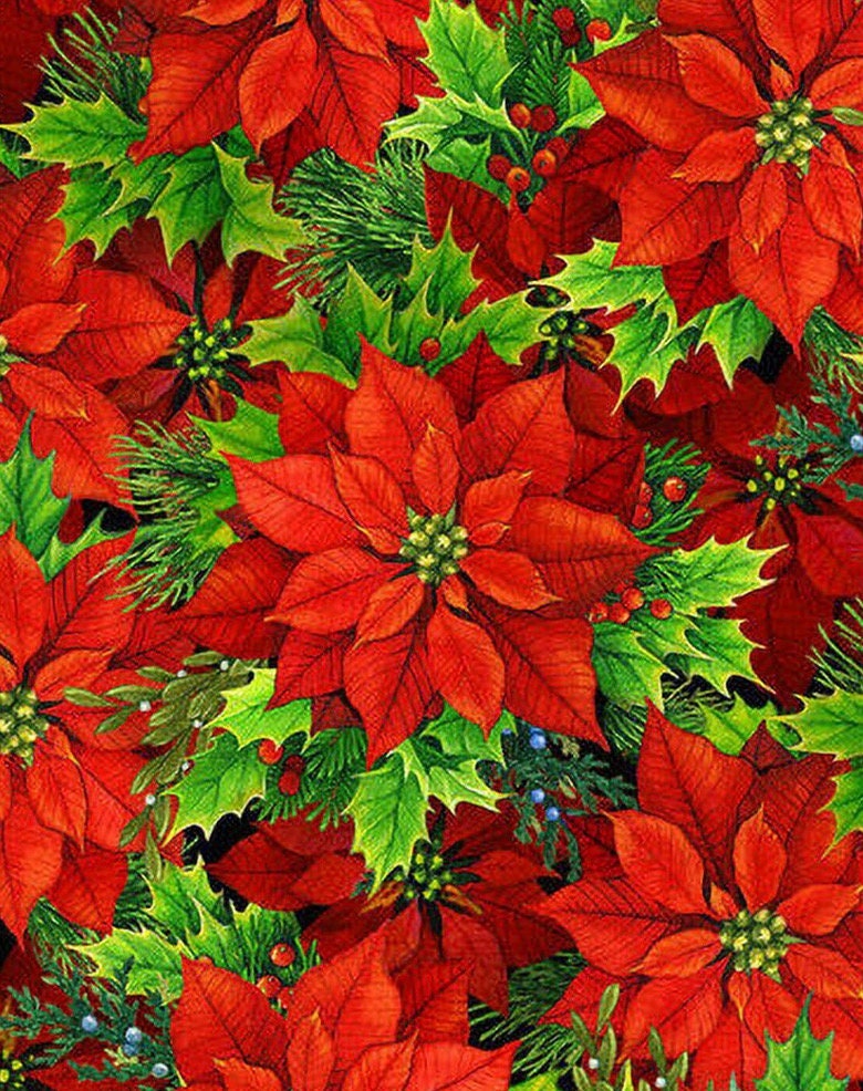 Pointsettia Christmas Holiday Fabric - 100% Cotton - Fabric- continuous cuts 30001 RED POINSETTAS