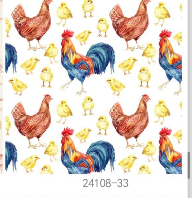 Patterned Roosters and Chicks Fabric - Hens and Chicks on White- 100% Cotton - By the Yard - Fat Quarters -