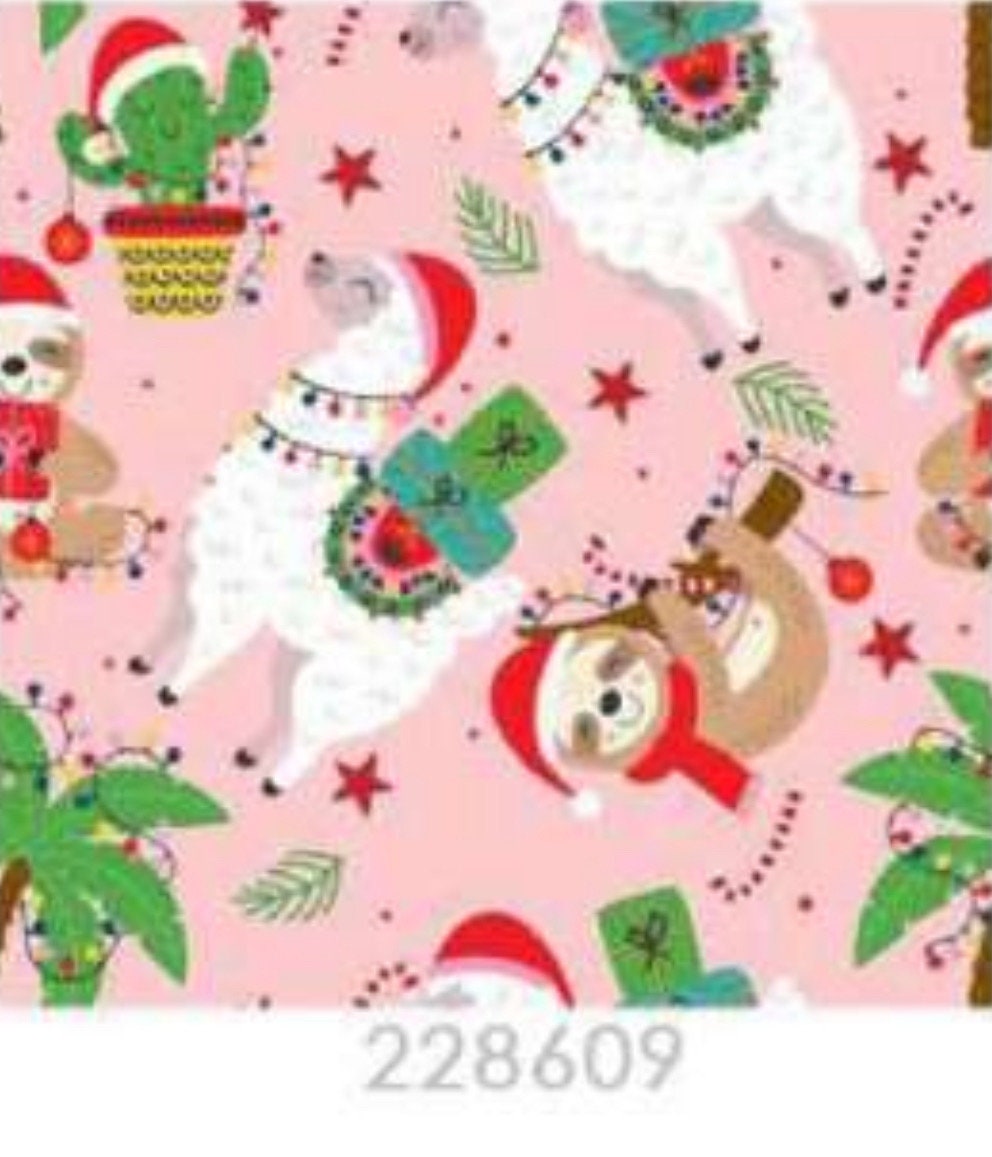Christmas Llama Sloth Fabric - 100% Cotton - Fabric