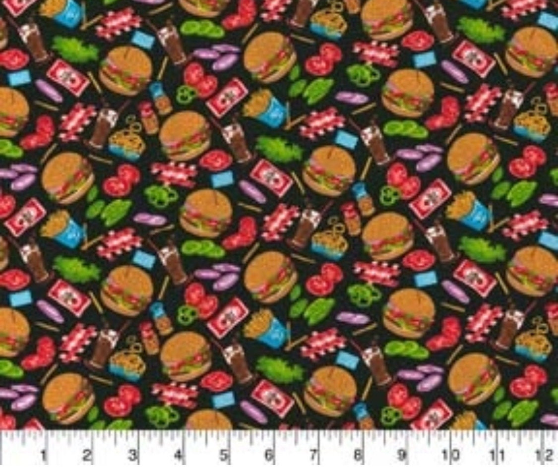 Diner Food on Black Cotton - Cotton Fabric- Continuous cuts - 100% Cotton